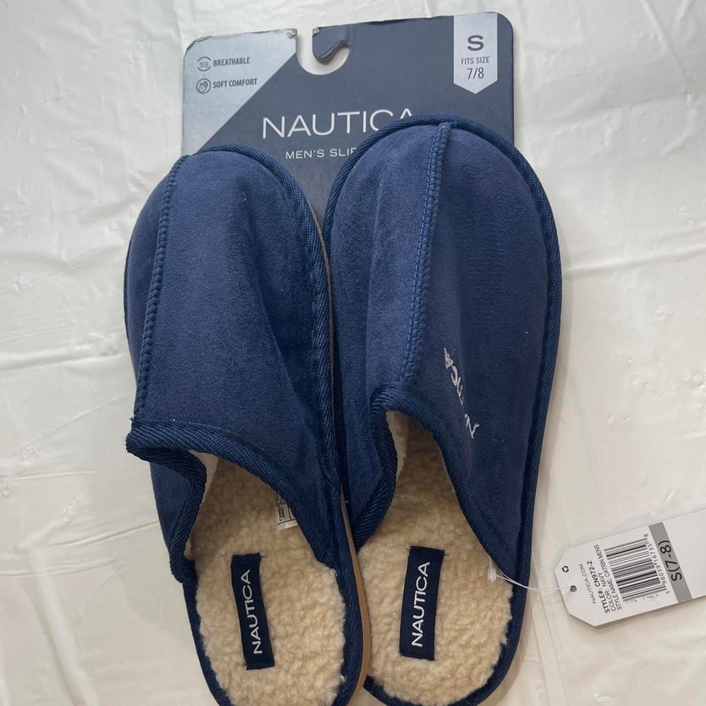 Nautica Navy Men's Sherpa Lined Slippers Small